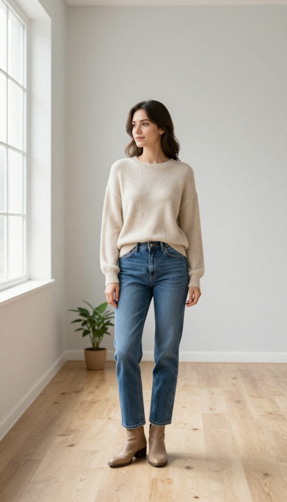 Woman wearing straight-leg jeans and a fitted beige knit sweater with ankle boots in a bright office hallway, a polished casual work outfit idea