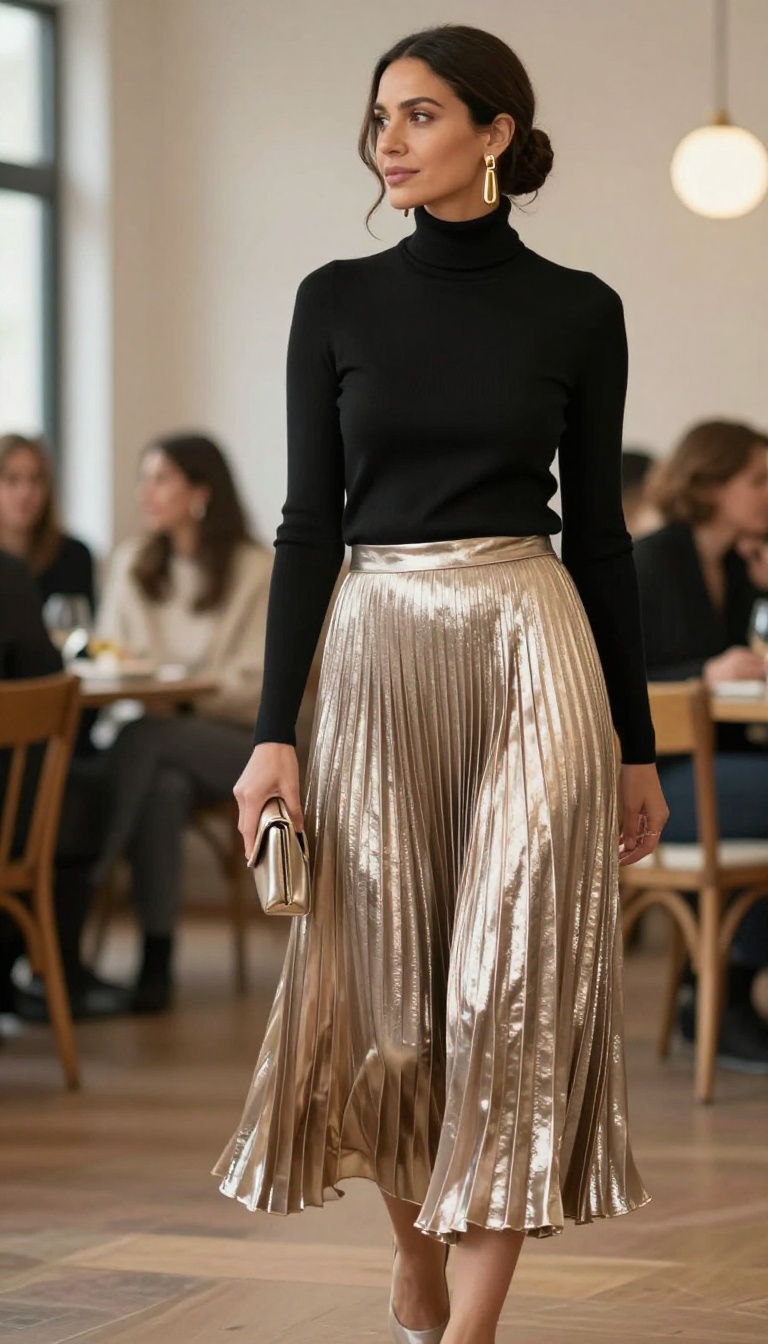 2. Pleated Maxi Skirt + Fitted Turtleneck + Statement Earrings