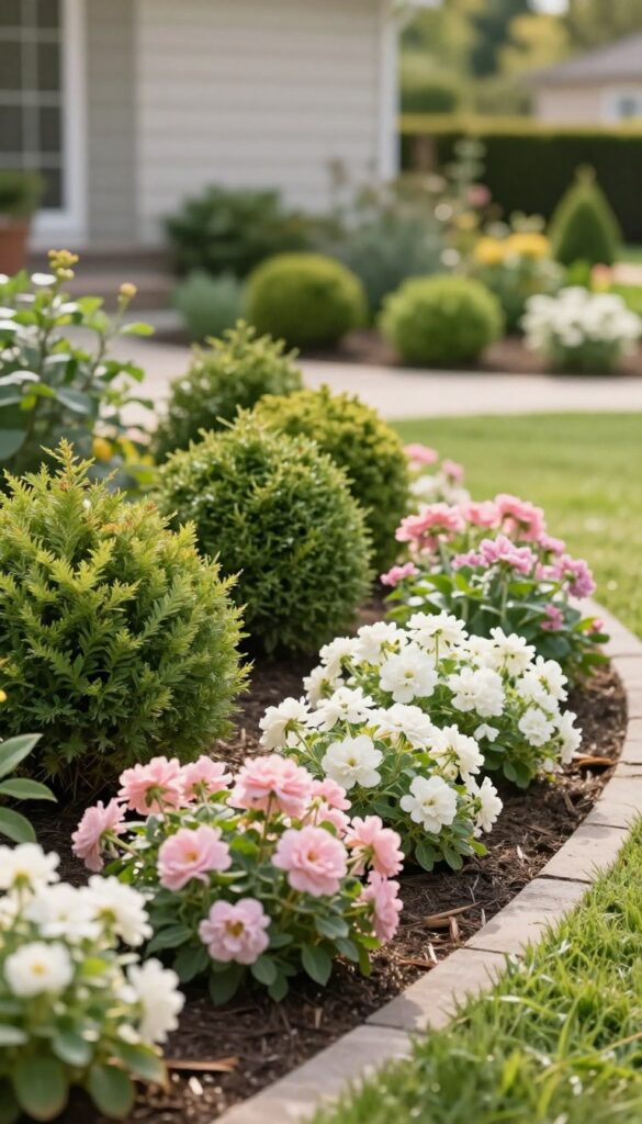 Layered front yard flower bed with evergreen shrubs and flowering perennials arranged in clusters for depth and structure