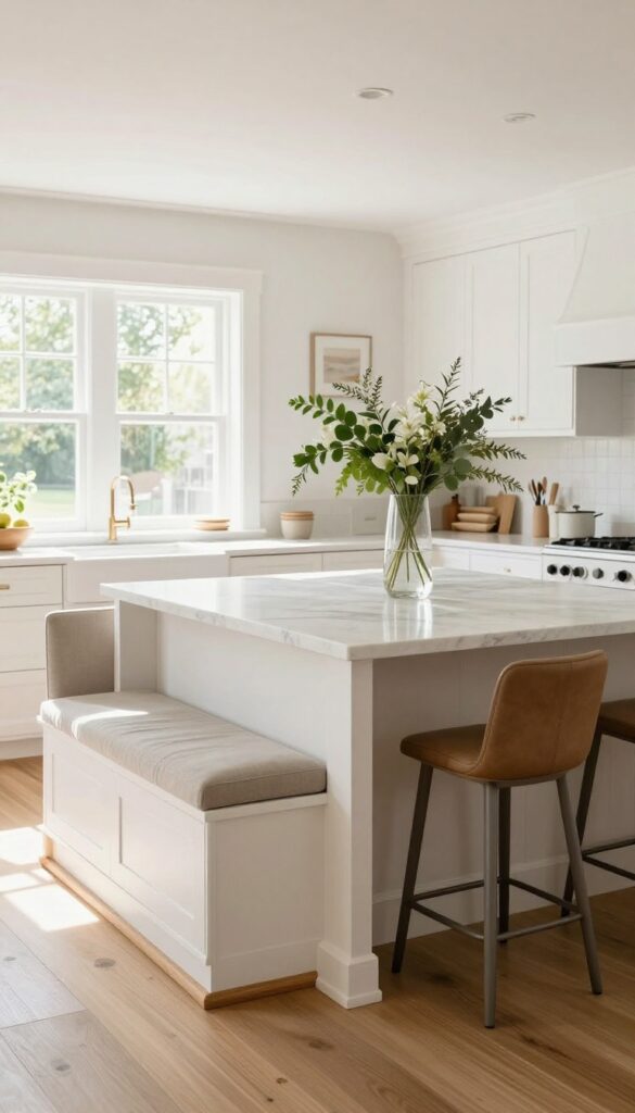 Bright kitchen island with built-in cushioned bench seating, leather stools with back support, and a wooden footrest rail under a deep countertop overhang