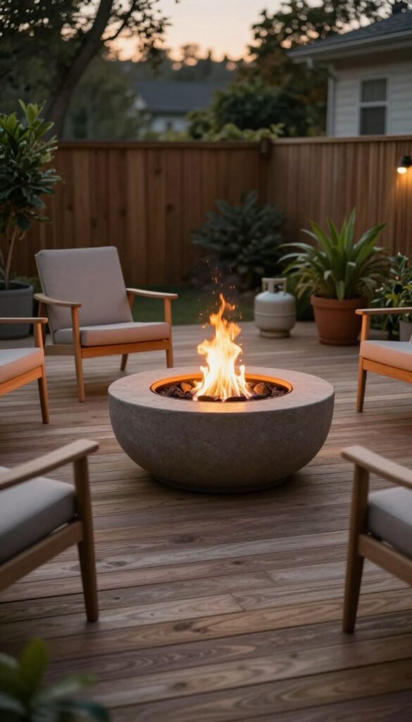 Round stone tabletop fire bowl glowing on a backyard deck with chairs arranged in a semicircle at dusk