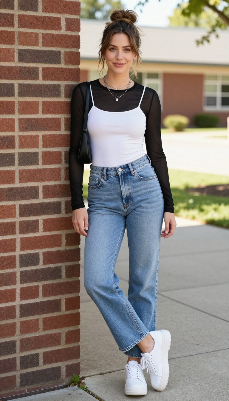 8. Layered Cami, Mesh Top, and Jeans