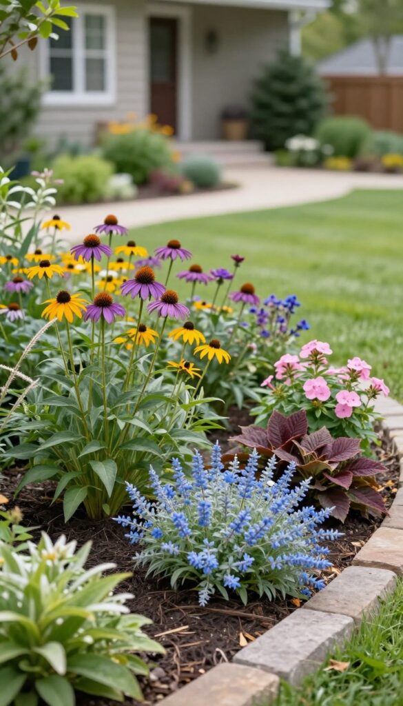 Bright photorealistic front yard perennial flower bed with layered purple, yellow, and pink blooms over dark mulch beside a green lawn and a softly blurred house.