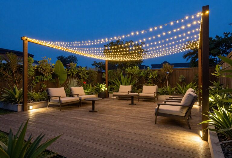 Cozy backyard wooden deck at dusk with warm string lights overhead, soft layered lighting, and comfortable outdoor seating creating an inviting night glow
