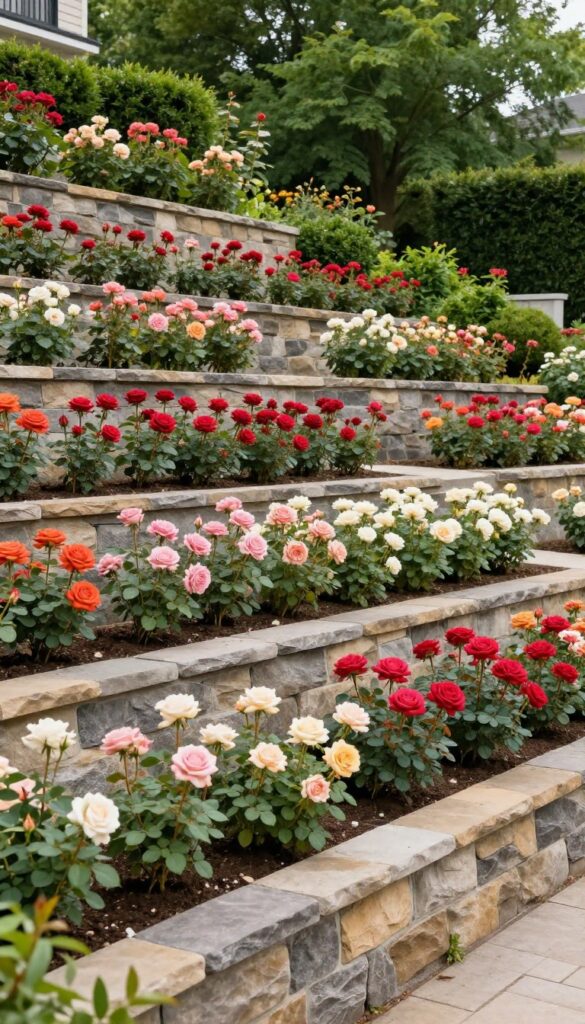 Tiered front yard rose garden with low natural stone retaining walls and roses blooming on each level in bright daylight