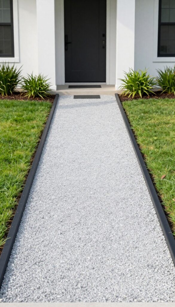 Modern front yard gravel walkway with sleek black metal edging, bordered by simple green plantings and lawn in bright natural light