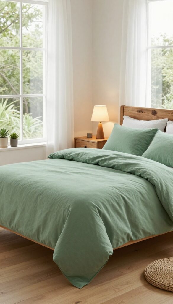 6. Green Comforter with Natural Wood Accents idea