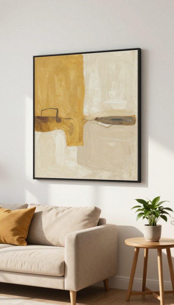 Bright living room with a large abstract yellow artwork in a black frame above a neutral sofa with warm-toned pillows