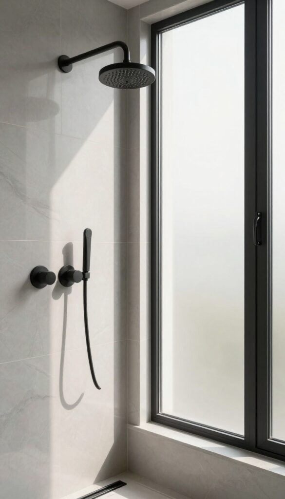 Modern bathroom shower with matte black fixtures contrasting against light gray marble tile in bright natural light