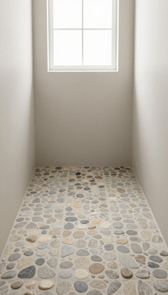Rustic walk-in shower with a natural pebble stone floor in neutral earth tones and simple neutral walls under bright daylight