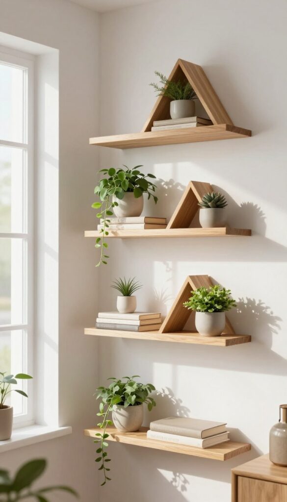 Corner of a bright living room with two staggered floating wooden wall shelves holding a small trailing plant and a stack of books.