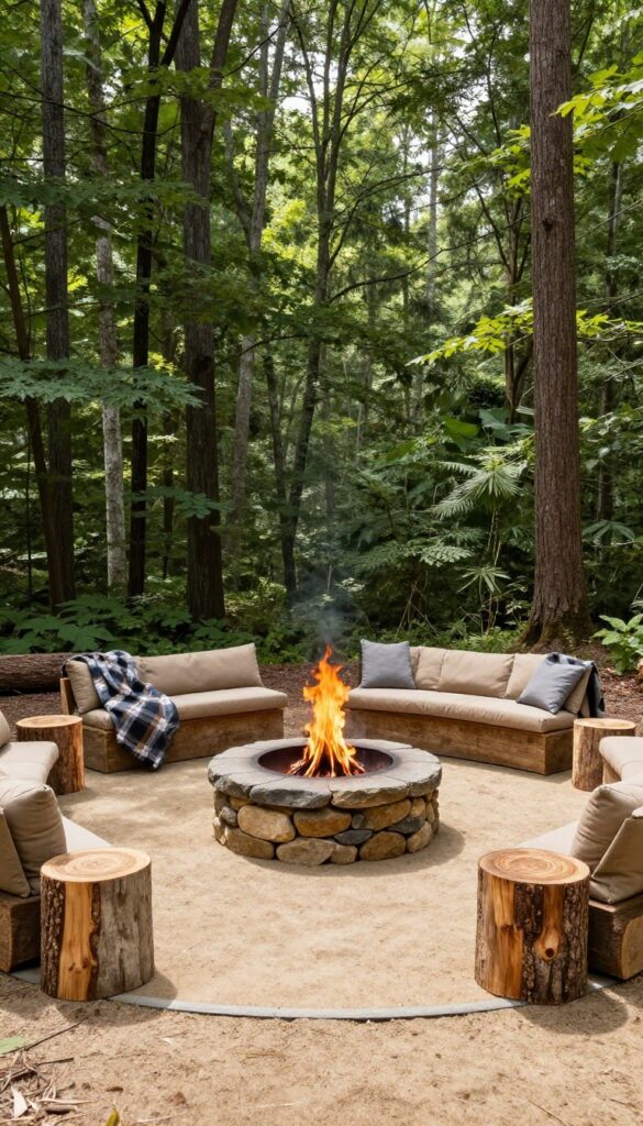 Rustic backyard fire pit with a sand base and log seating surrounded by trees in bright natural light