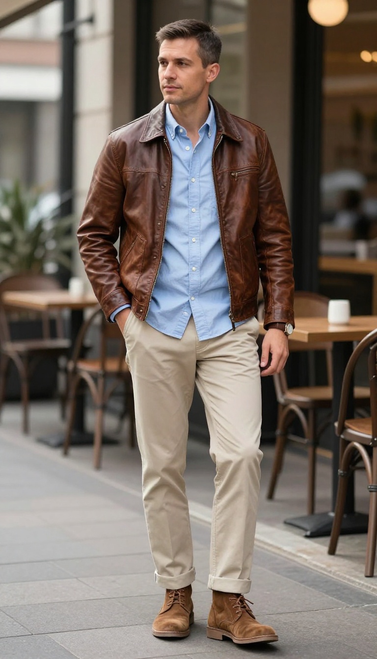 4. Brown Leather Jacket with Oxford Shirt and Chinos