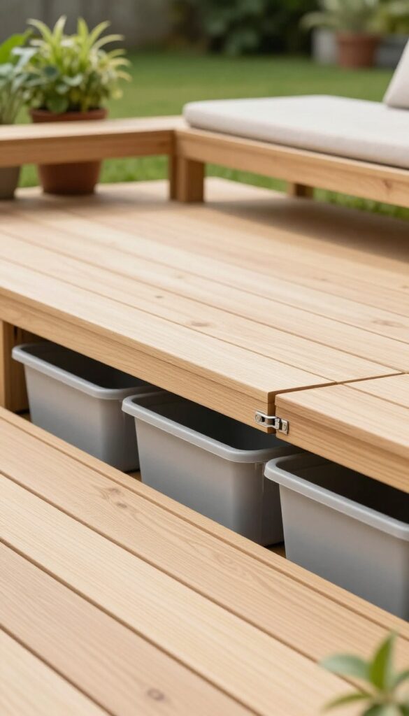 Minimalist modern floating deck in a small backyard with a hinged section lifted open to reveal hidden storage bins underneath, surrounded by clean wood planks and potted plants in bright natural light