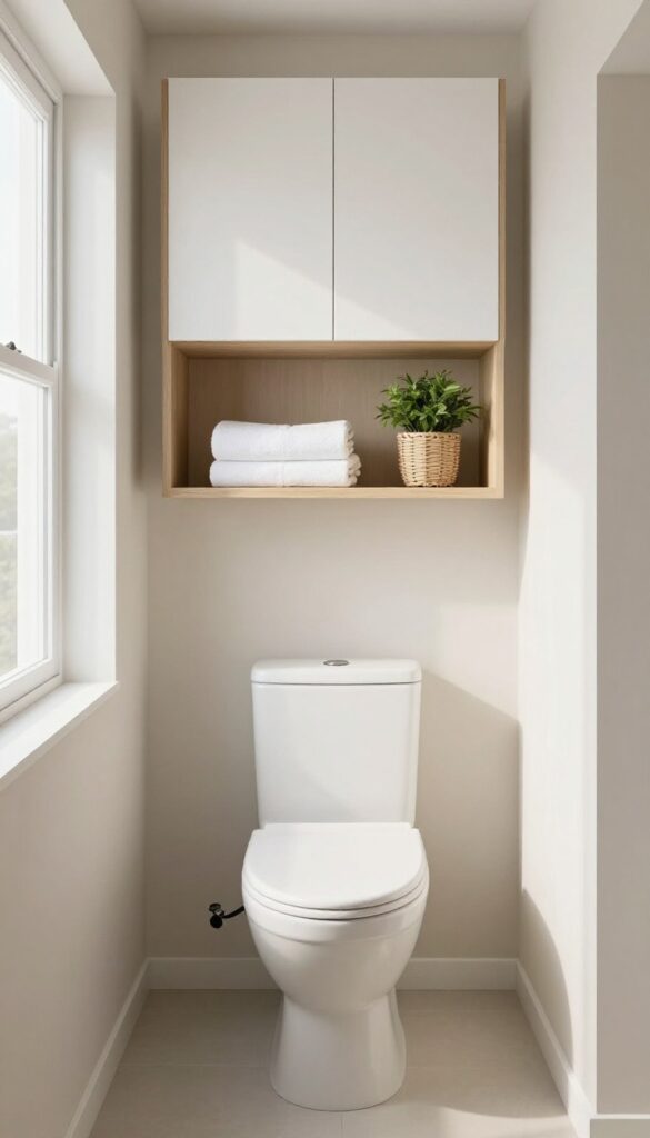 Small bright bathroom with built-in shelves and a cabinet above the toilet, styled with folded towels, woven baskets, and a small plant for vertical storage.