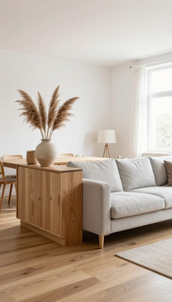 Bright open living room divided from a dining area by a low wooden storage cabinet topped with a large vase and lamp, keeping sightlines open.