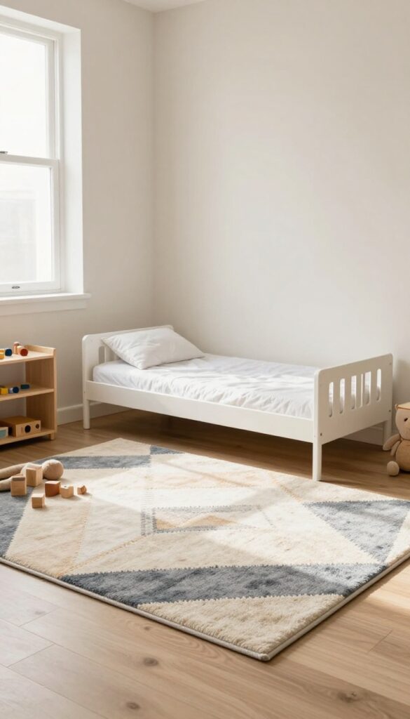 Bright toddler boy's bedroom with a large subtle-patterned low-pile rug under a small bed and toy shelf, wooden toys resting on top, soft natural light, clean and cozy styling