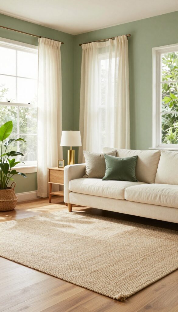 Bright living room with muted sage green walls, a cream sofa, soft gold accents, warm wood furniture, and leafy plants in natural daylight.