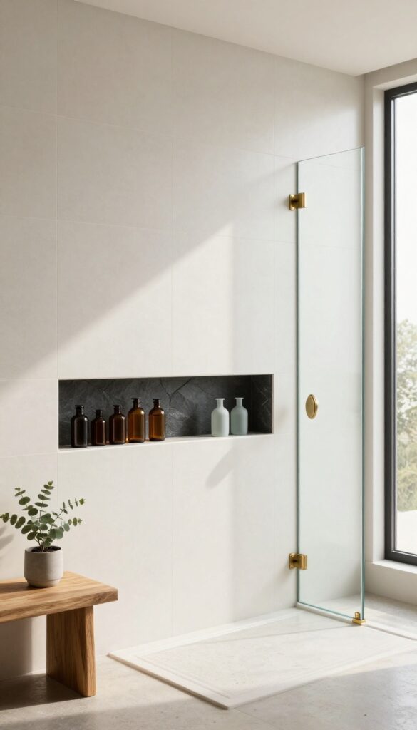 Modern walk-in shower with a long horizontal recessed niche lined in dark tile holding neatly arranged unbranded bottles, framed by warm white porcelain tiles and bright natural light