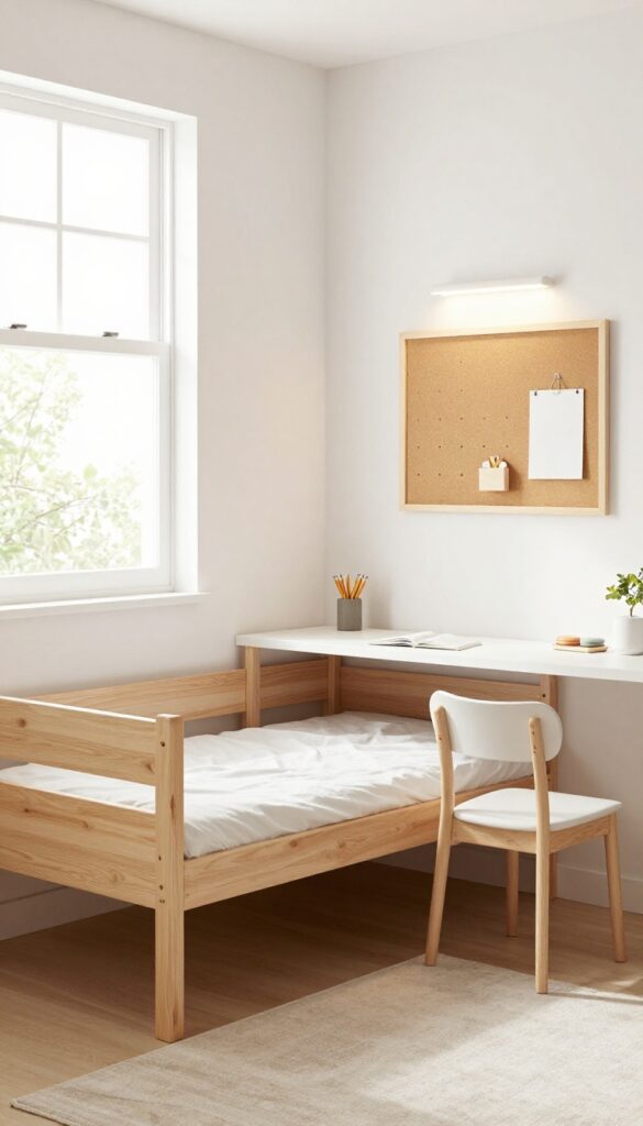 Bright small boy's bedroom with a light wood loft bed and a narrow desk workspace tucked underneath, styled with soft rugs and natural light