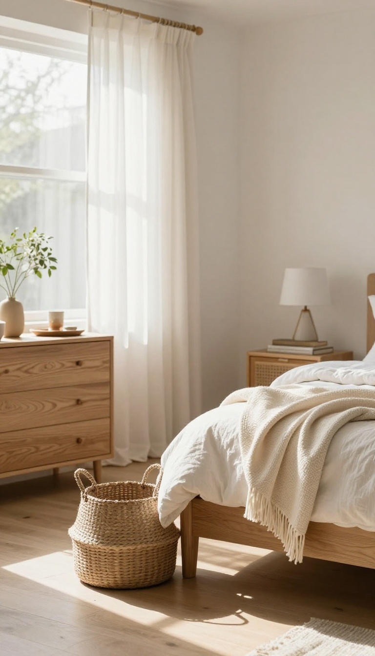 Woven seagrass and jute baskets used for stylish bedroom storage beside a bed and on a dresser in a bright neutral bedroom