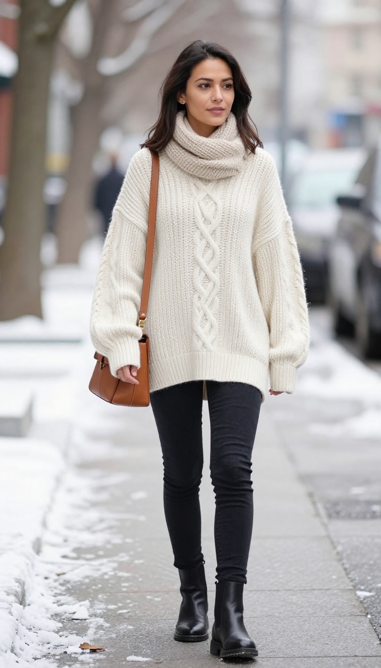 1. Oversized Cable-Knit Sweater and Black Skinny Jeans