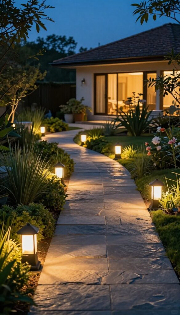 Front yard garden at dusk with a curved stone pathway lined by glowing warm solar pathway lights and softly lit shrubs, creating a safe and dramatic evening landscape