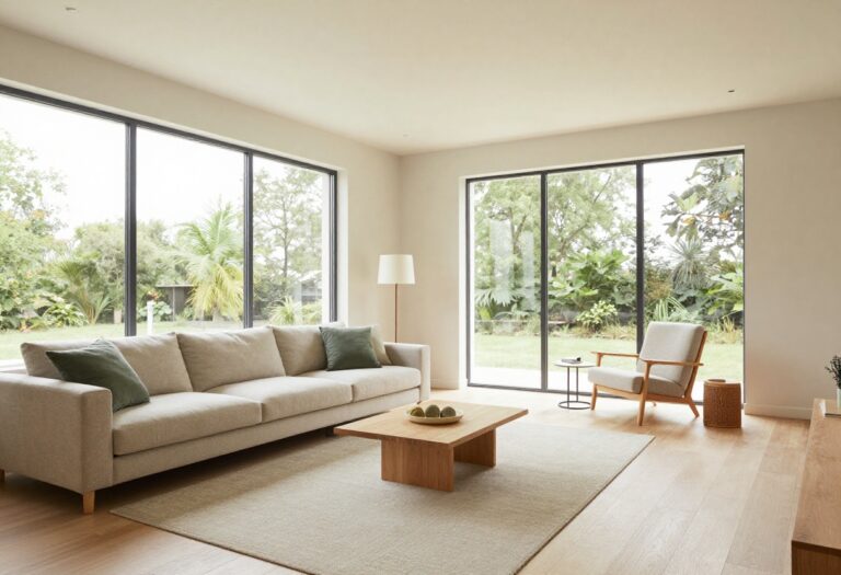 Bright narrow living room divided into two cozy zones with a sofa seating area and a reading nook, showing a clear walkway and natural flow