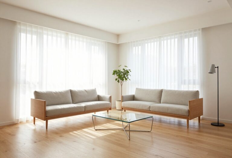 Bright modern small living room with a slim sofa on tapered legs, open-frame coffee table, and plenty of visible floor space