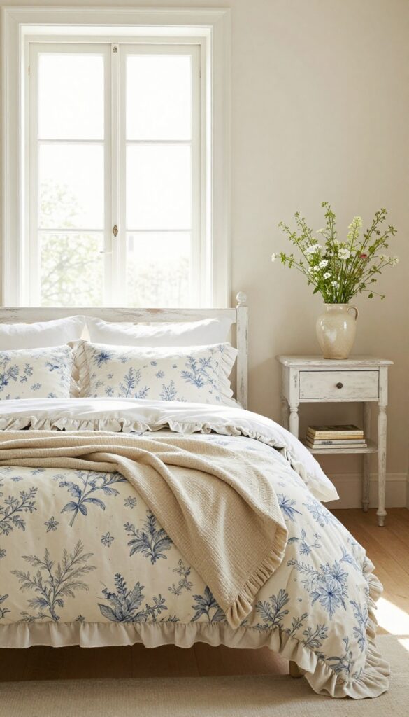 French country bedroom with soft blue toile floral bedding, layered cream blankets, distressed white furniture, and bright natural light creating a calm, relaxed elegant space