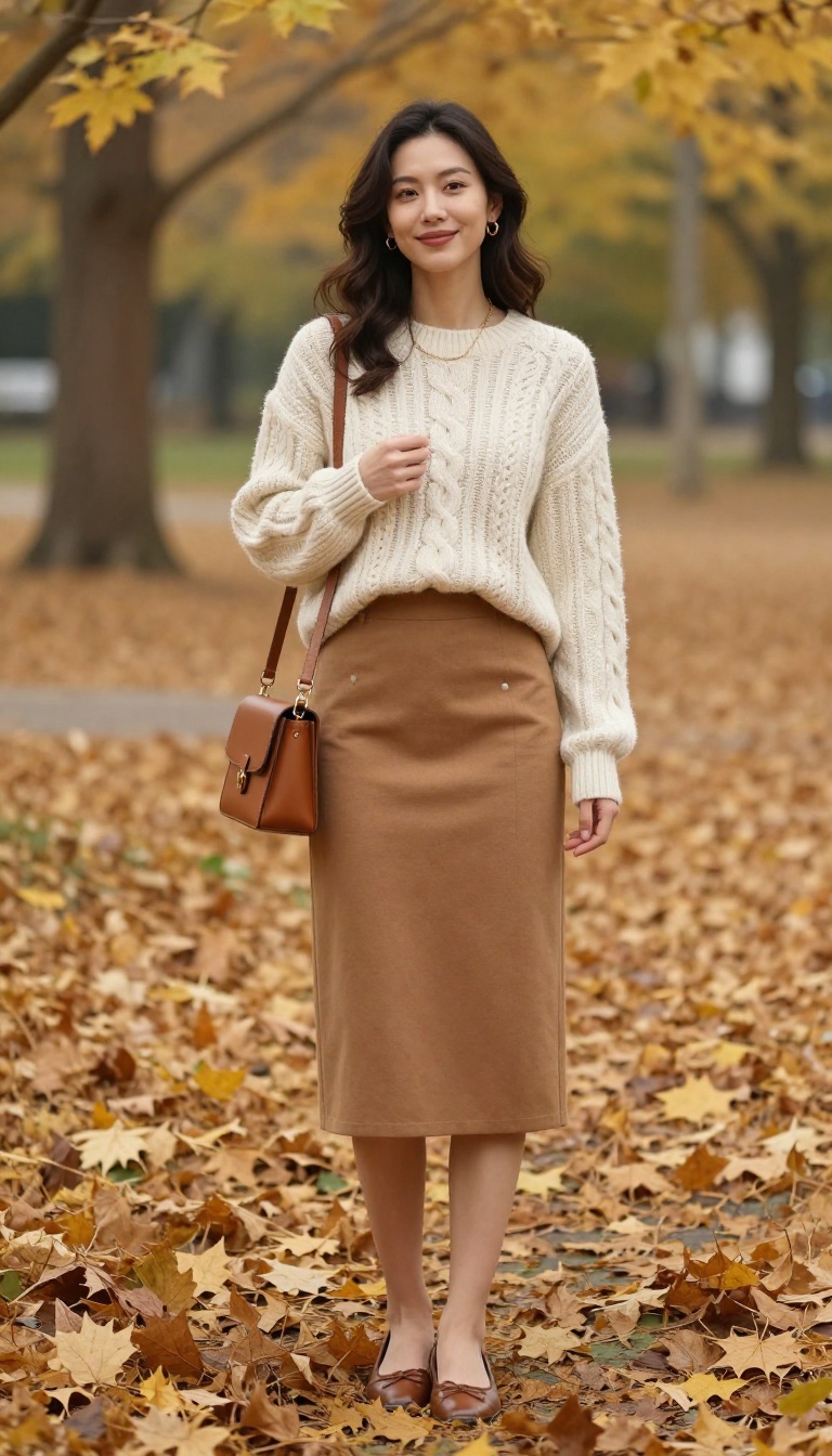 7. Cable-Knit Sweater and A-Line Skirt