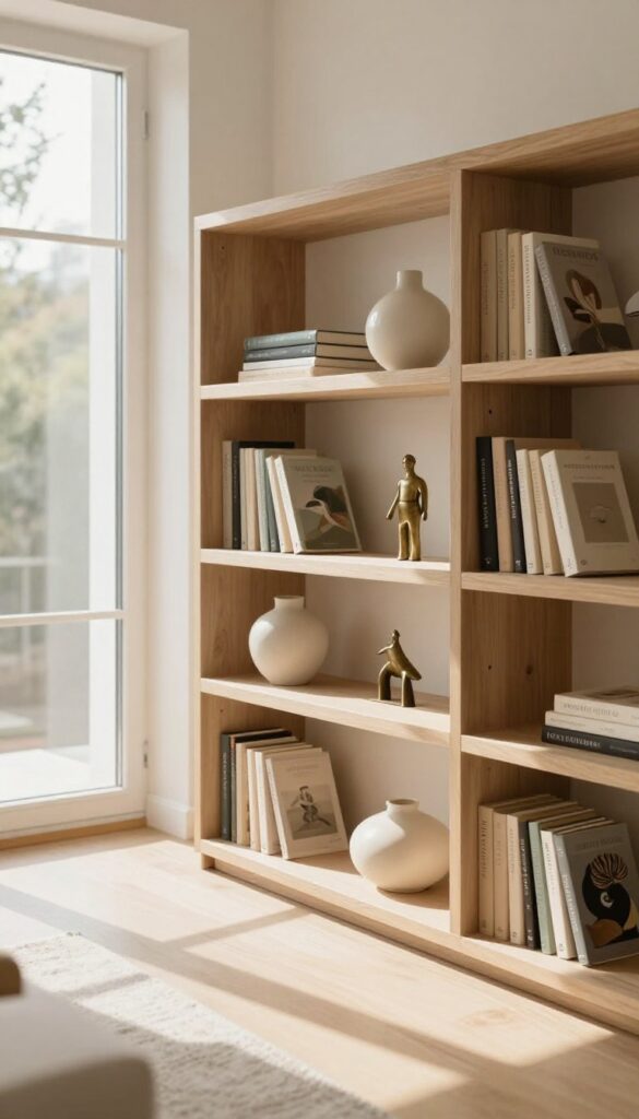 Bright living room bookshelf styled with loosely spaced books in small stacks and upright groups, some turned spine-inward, accented with a small vase and brass figurine in natural daylight