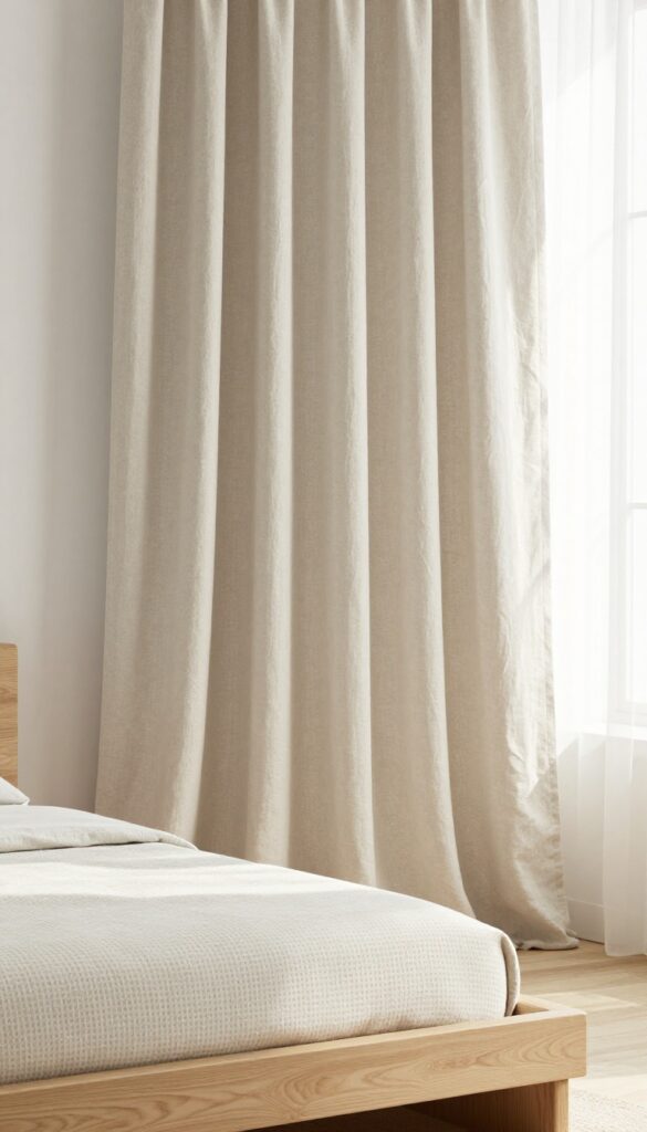 Neutral off-white linen curtains hanging from a brass rod in a bright minimalist Scandinavian bedroom with textured waffle-knit bedding and soft natural light