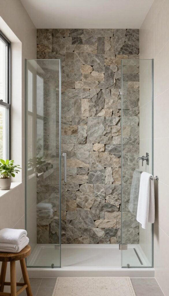 Bright bathroom with a walk-in shower featuring a dark stacked stone accent wall surrounded by minimal light beige tiles and a glass panel.