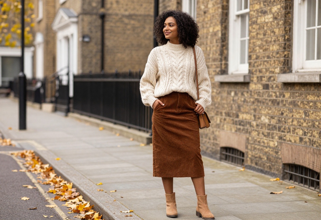 Woman wearing a brown corduroy midi skirt with a cream cable-knit sweater and tan ankle boots on an autumn street