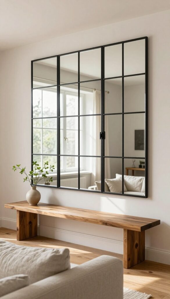 Bright living room with a black-framed grid mirror wall panel above a low wooden console table, reflecting natural light like an industrial window.