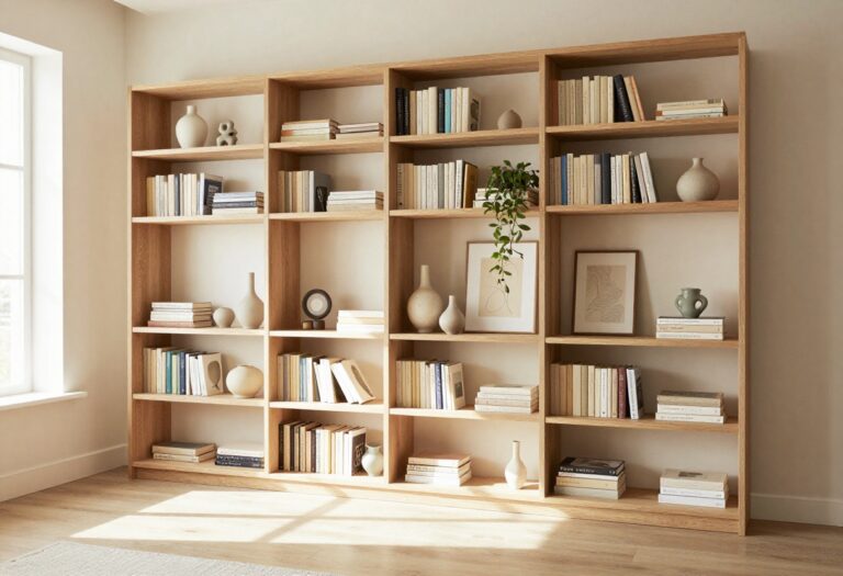 Styled living room bookcase with a balanced mix of books and neutral decor in bright natural light