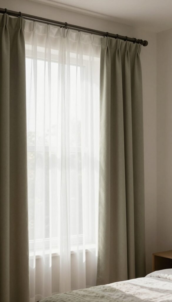 Layered bedroom curtains with sheer panels and olive blackout curtains on a double rod, bright natural light filtering through a clean, cozy window scene
