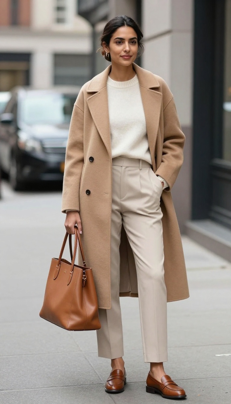 1. The Classic Camel Coat with Tailored Trousers
