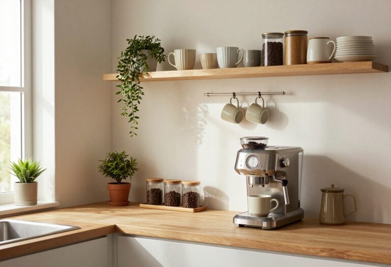 Bright modern kitchen corner with a styled coffee bar on a blank wall, featuring floating shelves, hanging mugs, and an espresso machine in natural light