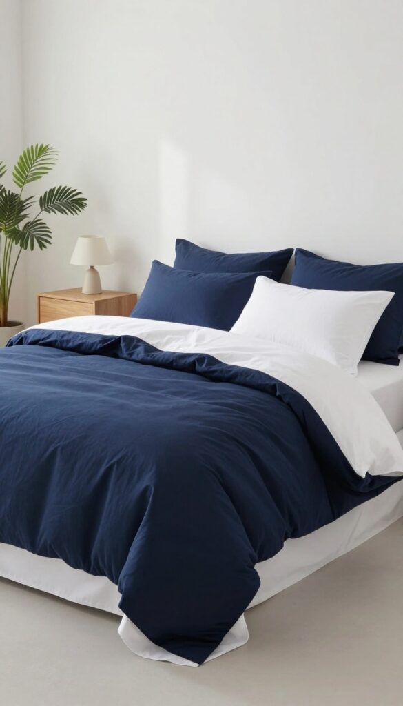 Navy blue duvet layered over crisp white sheets with a neutral throw and varied pillows in a bright, clean bedroom