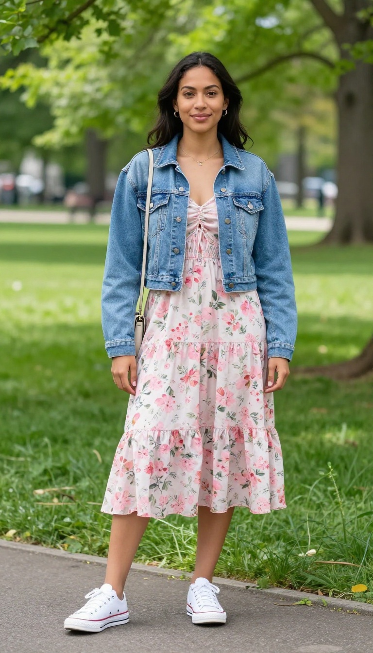 6. Denim Jacket with a Floral Dress
