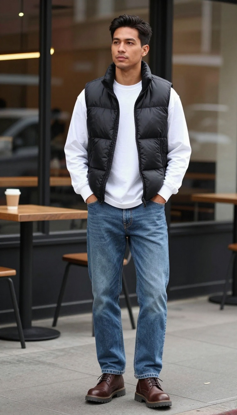 11. Puffer Vest Over a Long-Sleeve Tee with Jeans