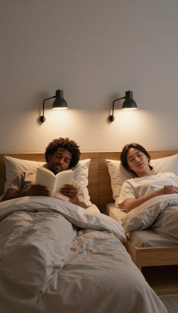 Two wall-mounted adjustable reading lamps on either side of a bed, each casting warm focused light for reading at night
