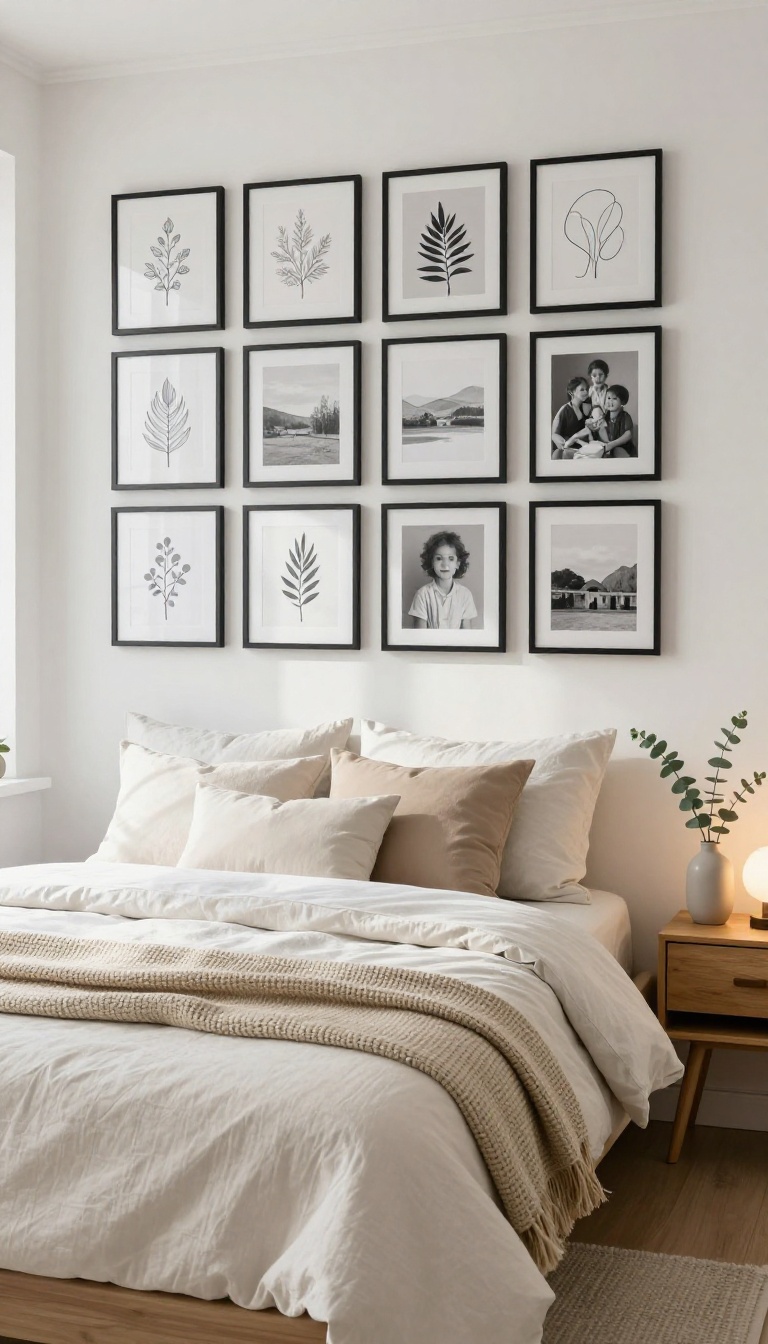 Budget-friendly bedroom gallery wall with matching black frames holding free printable art and black-and-white family photos above a neutral bed