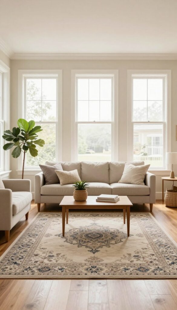 Bright living room with a large patterned area rug anchoring the seating area under a coffee table and neutral furniture