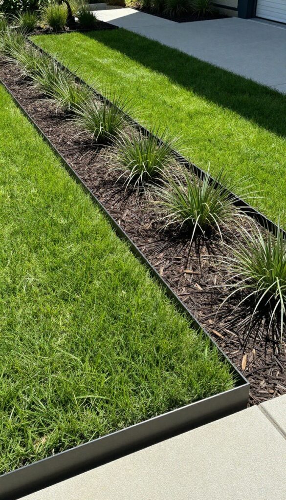 A modern front yard with a crisp dark metal edging separating a green lawn from a mulched planting bed, photographed in bright natural light.