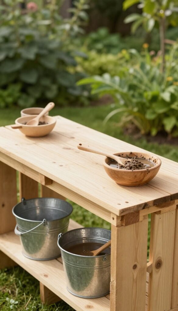 Rustic pallet mud kitchen counter with wooden plank, buckets, and spoons in a sunny backyard garden