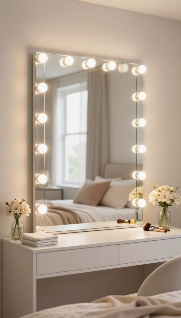 Bright modern bedroom vanity with a Hollywood-style mirror surrounded by warm LED bulbs above a simple elegant table with flowers and makeup brushes.
