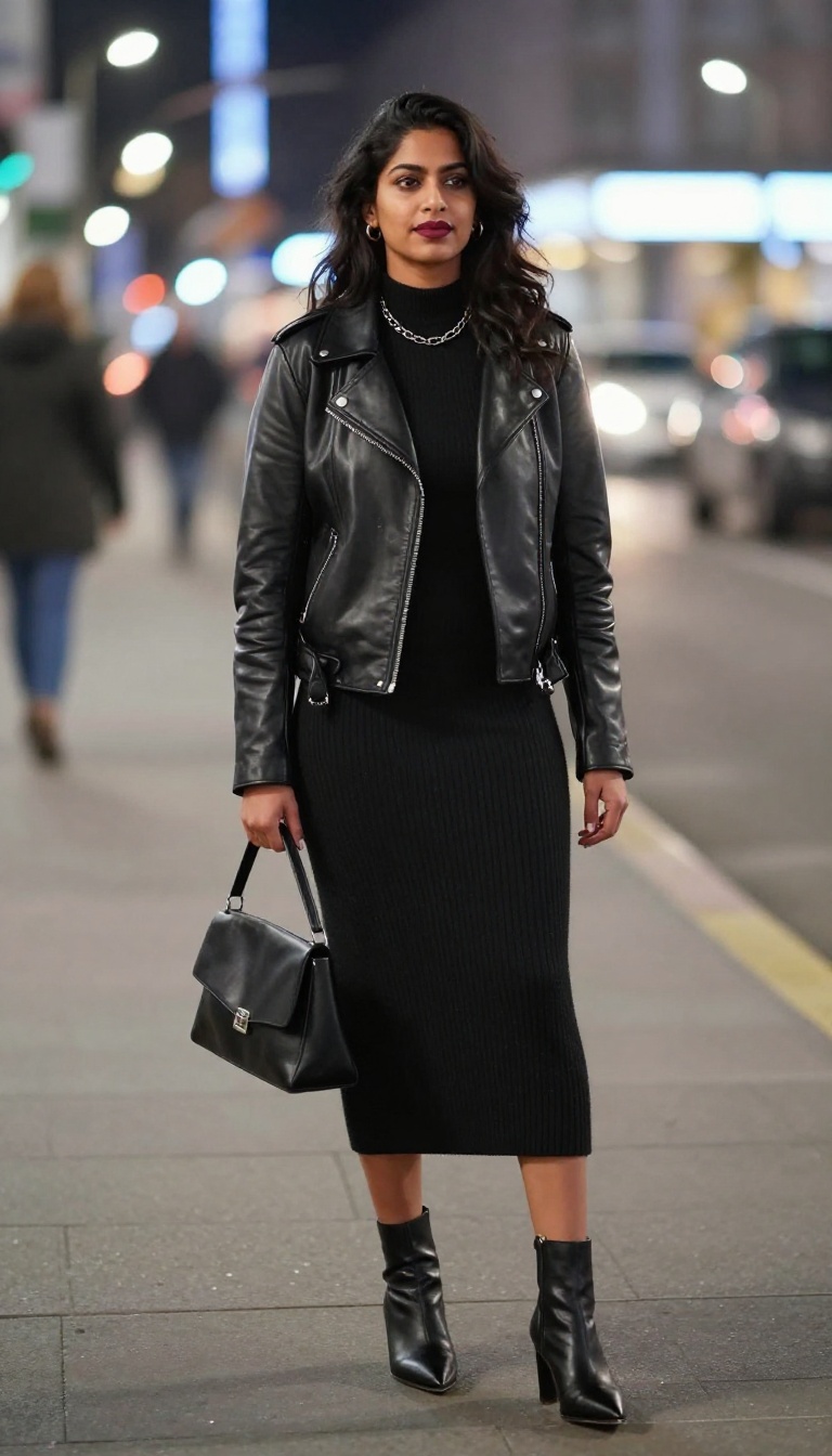 9. Black Knit Skirt with Leather Jacket and Heeled Booties